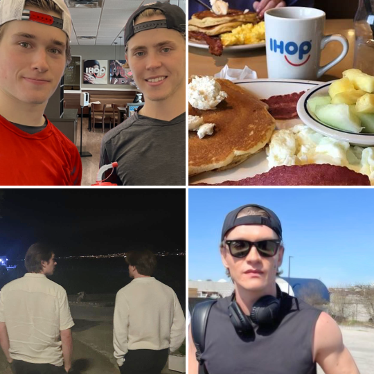 A grid of four photos. 1) Luca Haas and Mathieu LaPointe in an IHOP. 2) IHOP breakfast. 3) Luca Haas and Mathieu LaPointe walking on a beach at night. 4) Ilya Rozanov in a tank top with tank top, sunglasses, and fuck-off headphones.