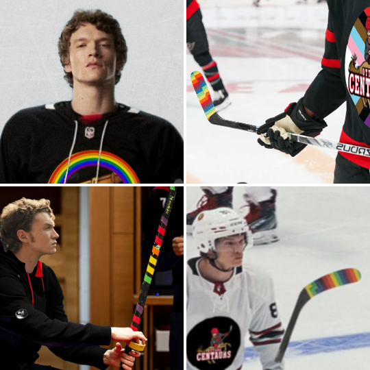 Four photos of Ilya Rozanov. 1) Posing in a Boston Pride jersey. 2) On ice in an Ottawa Pride jersey with Pride tape on stick. 3) In the locker room wrapping Pride tape around stick handle. 3) On ice in regular Ottawa jersey with Pride tape on stick.