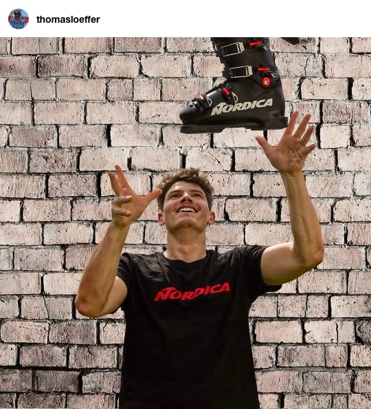 Instagram post by @thomasloeffer: Thomas Loeffer holding up Nordica skate boots