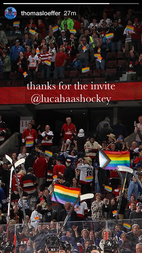 Instagram story by @thomasloeffer posted 27m ago: Pride flags scattered among rinkside crowd. Text overlaid on top reads: thanks for the invite @lucahaashockey.